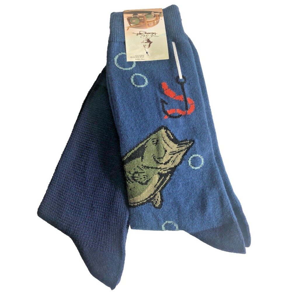 Panama Jack Big Mouth Bass Mens Socks Blue Fishing Summer 2 pair Shoe Size 8 -12